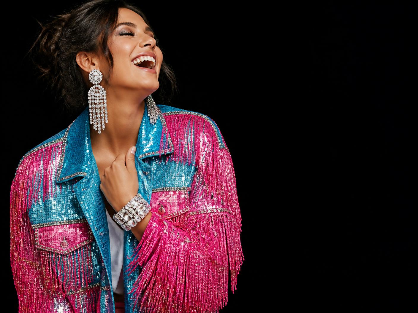 Woman laughing in a pink and turquoise rhinestone fringe game day jacket